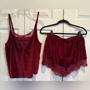 2 Pc Burgundy Velvet Lace Trim Cami and Shorts Set